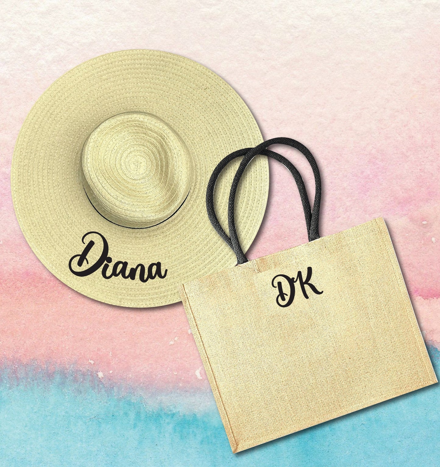 Ime kompleta za plažo + začetnice (karo + klobuk)