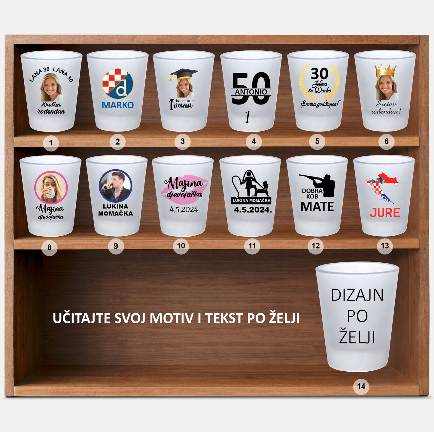 A set of personalized shooter cups